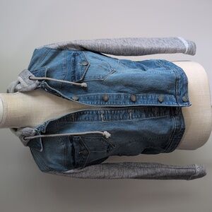 Denim Jacket with Gray Hoodie Sleeves